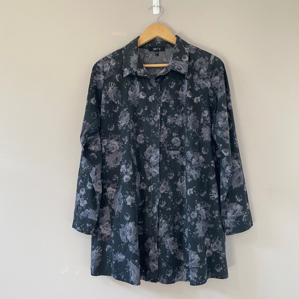 Comfy USA Floral Rose Button Front Tunic Shirt Gray Black Cotton Blend Large